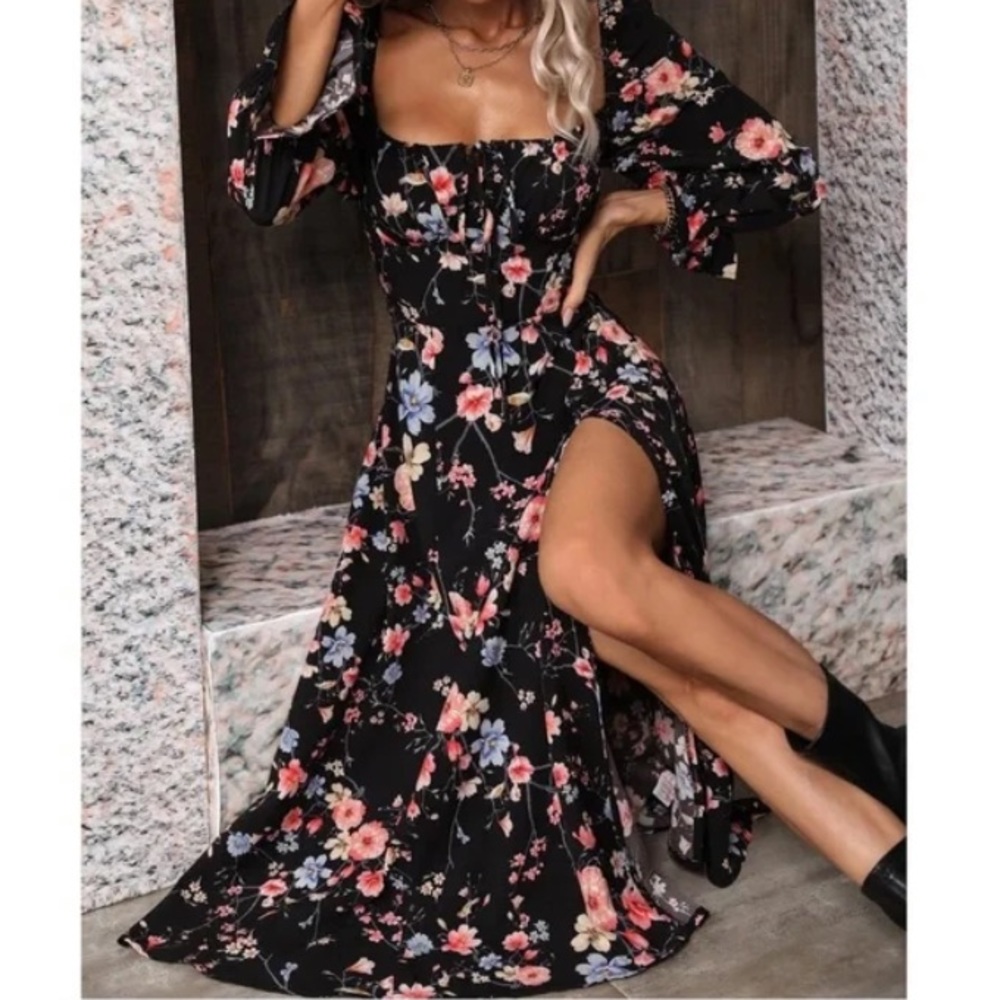 Boho Floral Print Ruffle Sleeve Maxi Dress